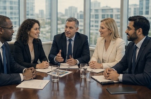 Business meeting in a boardroom overlooking the city