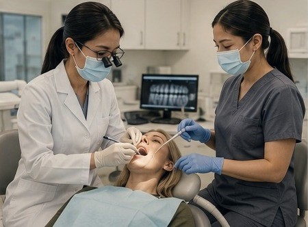 Two dental professionals performing a chairside procedure