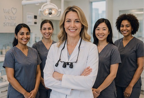 Dentist and her clinical team standing together in a modern dental operatory