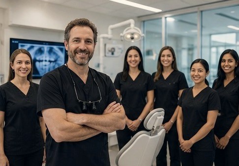 Dentist and clinical team standing together in a modern dental operatory