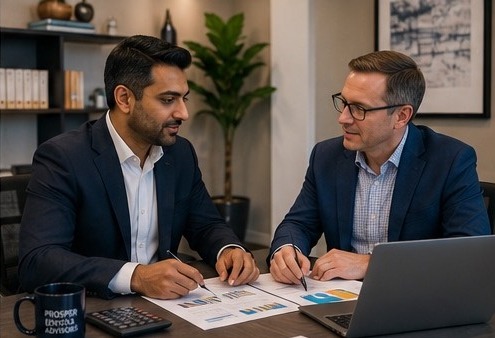Advisors reviewing market data together at a desk